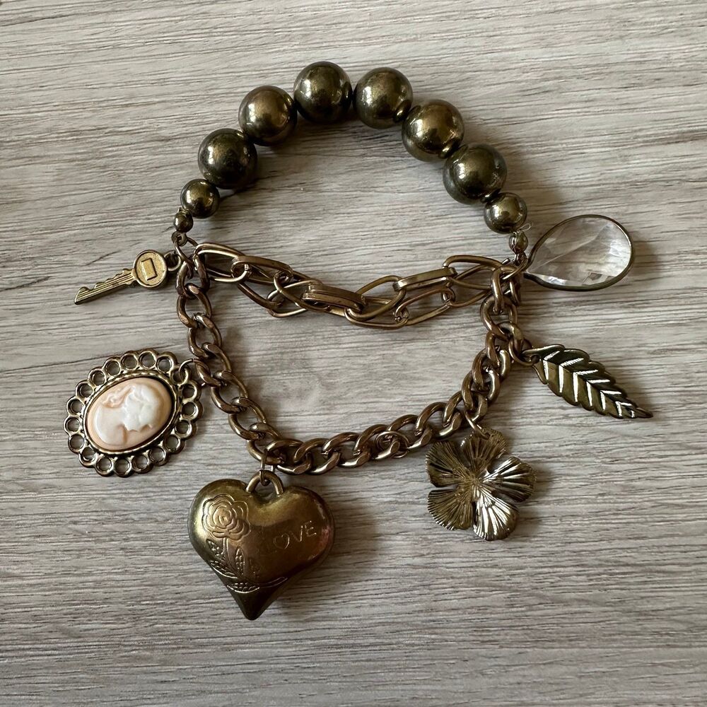 Antique Brass Charm Bracelet with Chain Heart Flower Key Feather Cameo Charms